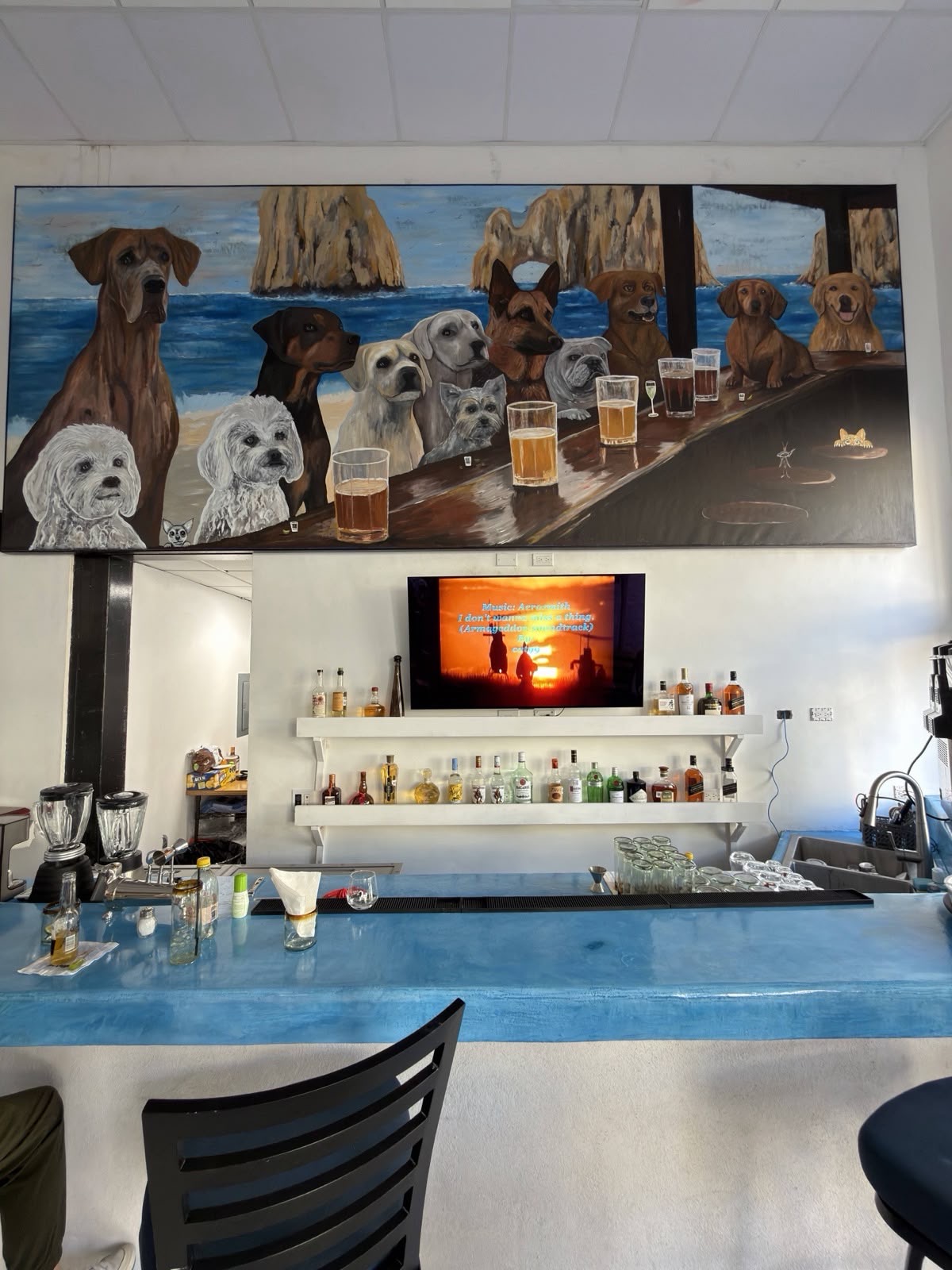 The signature sky-blue bar and doggie mural inside Sr. Doggies
